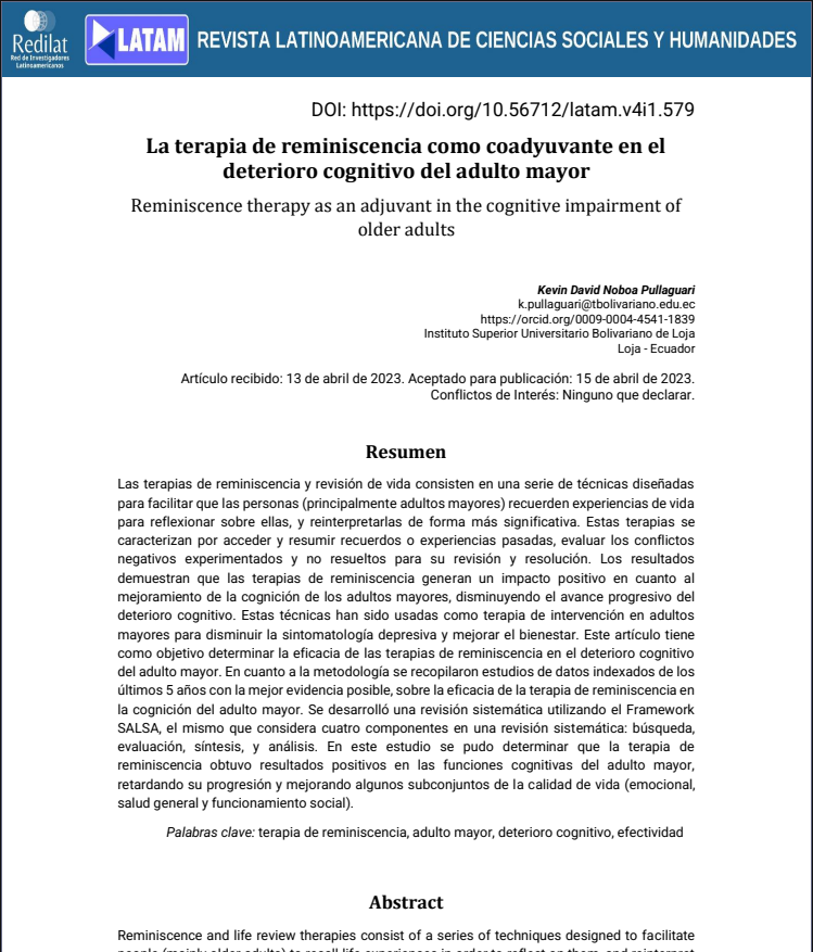 La terapia de reminiscencia como coadyuvante en el deterioro cognitivo del adulto mayor