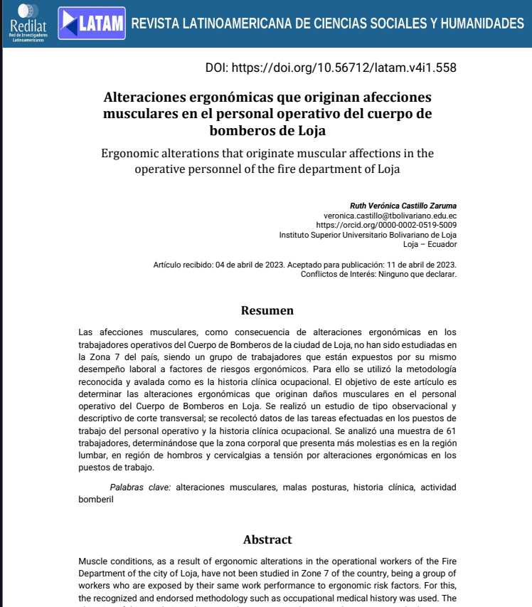 Alteraciones ergonómicas que originan afecciones musculares en el personal operativo del cuerpo de  bomberos de Loja