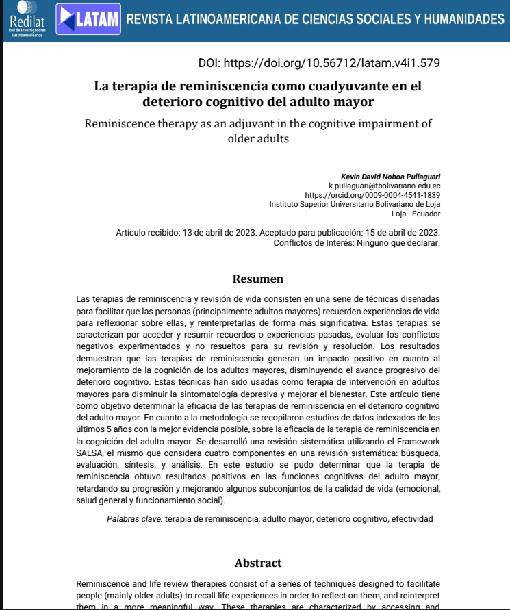 La terapia de reminiscencia como coadyuvante en el deterioro cognitivo del adulto mayor